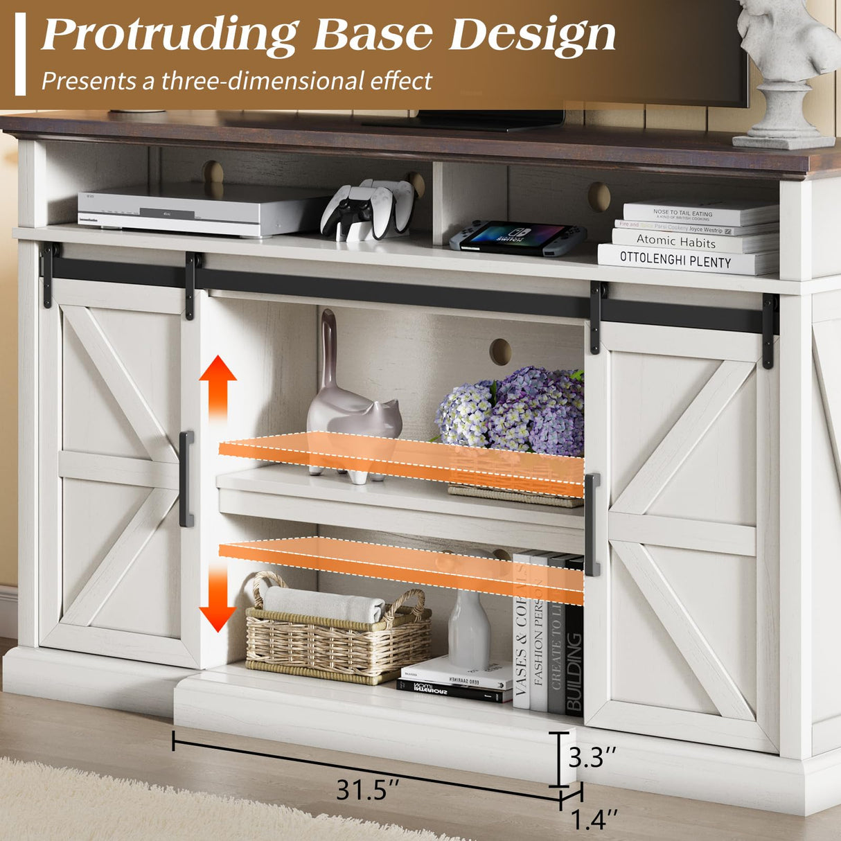 LUXOAK 66" Farmhouse TV Stand for 75 Inch TVs, 40" Tall Entertainment Centere with Sliding Barn Doors, Rustic Media Console Table Storage Cabinet with Adjustable Shelves, Living Room, Antique White LUXOAK