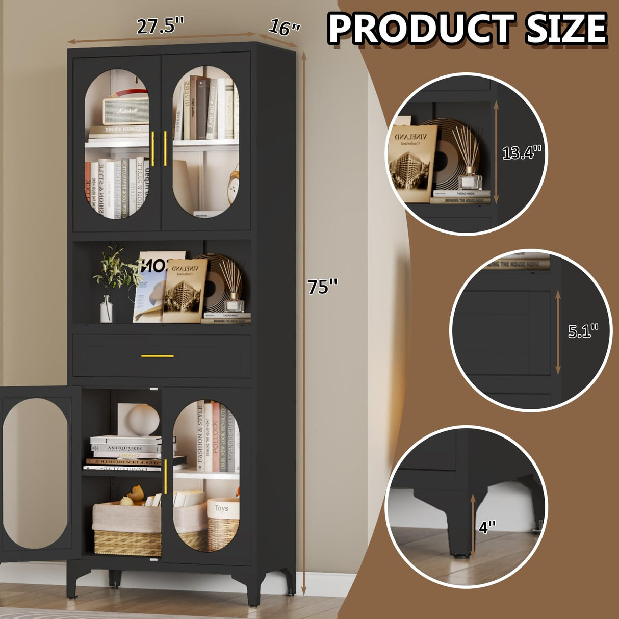 VRTCP 75" H Tall Kitchen Pantry Storage Cabinet with 4 Glass Door, Black Metal Storage Cabinet with Drawer and 2 Adjustable Shelves, Kitchen Pantry Cupboard for Living Room, Dining Room VRTCP