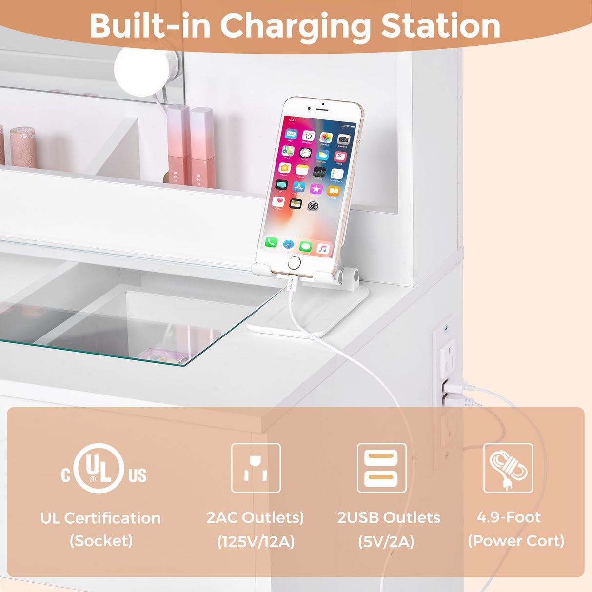 ANWBROAD Makeup Vanity Desk with Lighted Mirror & Power Outlet 35.4" Vanity Table Set with Glass top 5 Drawers Shelves Small Modern Dressing Table 3 Lighting Colors Stool Bedroom White Girls UBDT74W ANWBROAD