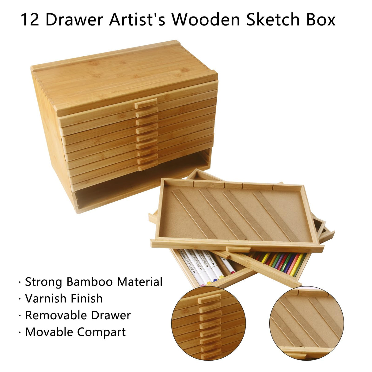 Vencer 12-Drawer Bamboo Artist Supply Storage Box - Effortlessly Organize and Store Pencils,Pens,Pastels,Markers,Brushes,and Tools with Adjustable Compartments and Generous Capacity,VAO-020 Vencer