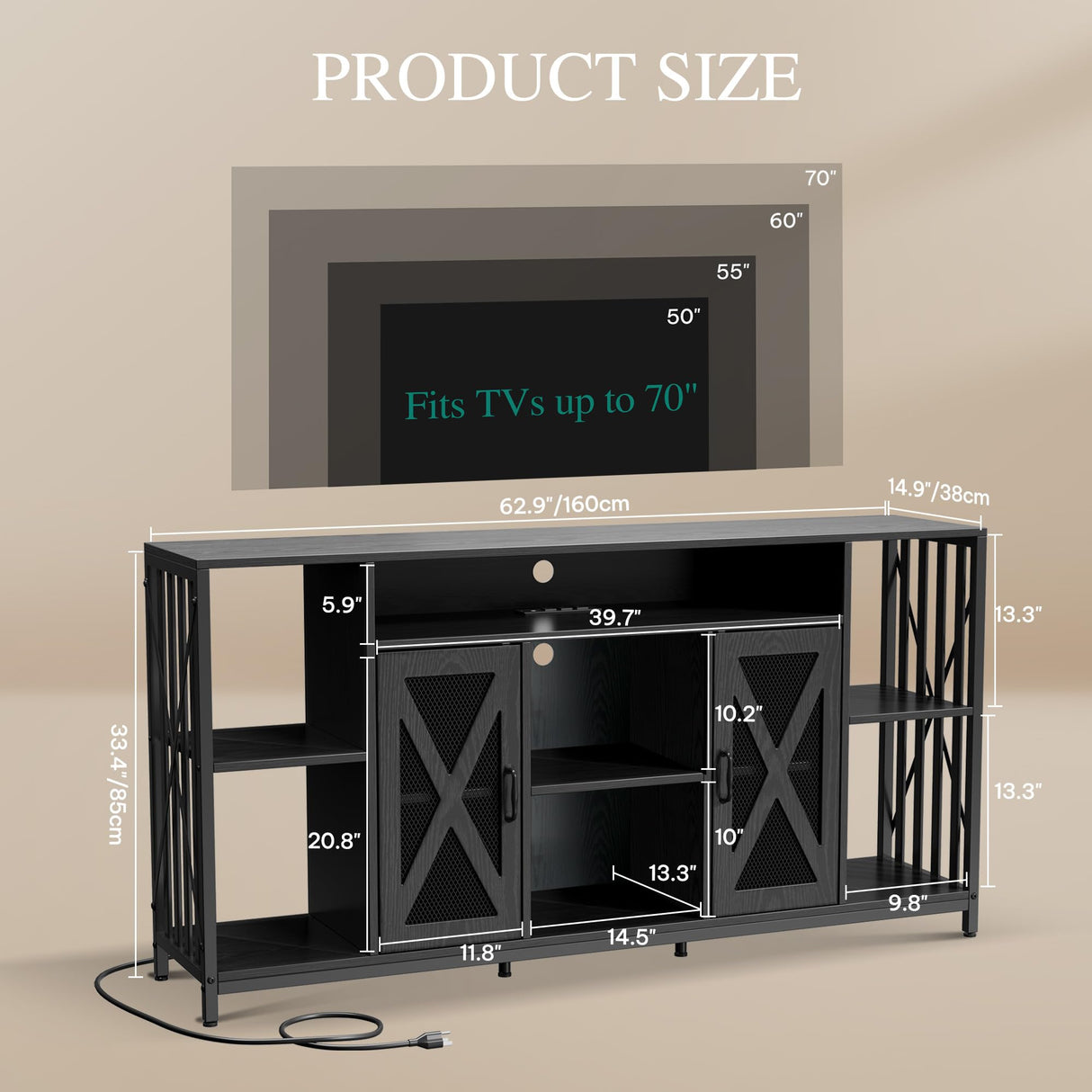 YITAHOME 33.5'' Tall TV Stands for Living Room, TV Entertainment Center with LED Light, TV Stand for TVs up to 70 Inch, Tall TV Console Cabinet with Power Outlets, Black YITAHOME