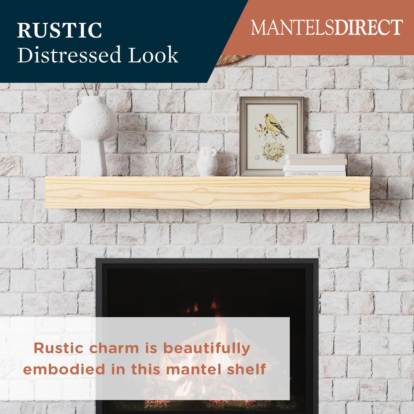 48 Inch Floating Fireplace Mantel Wood Shelf In Unfinished Rustic - Breckenridge From Mantels Direct | With Corbel Bracket Arches | Wooden Rustic Wall Shelf Perfect for Electric Fireplaces and Décor