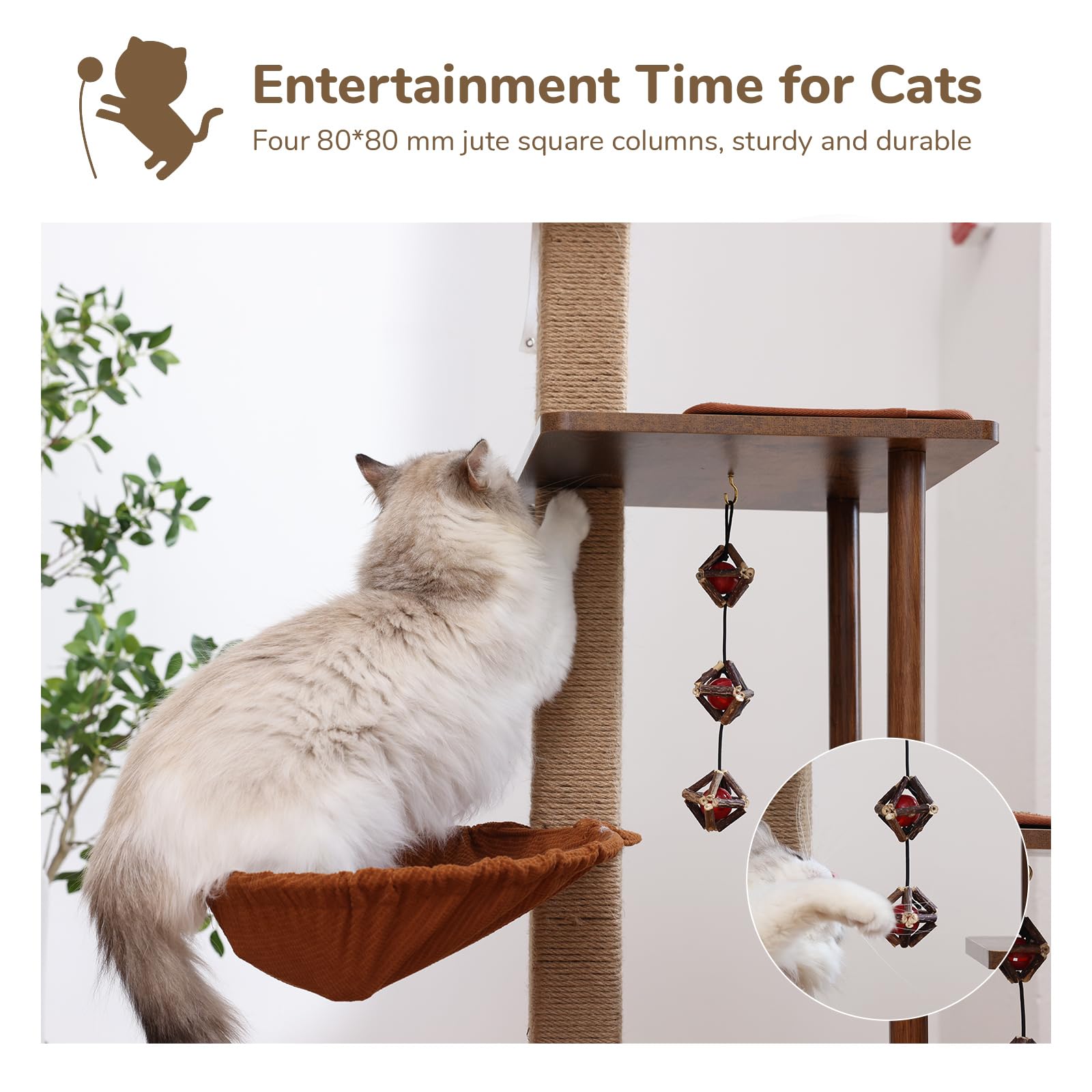 FUKUMARU Cat Tree, 4 in 1 Large Modern Cats Tower with Jute Scratching Post and Hammock, Wood Cat Condo with silvervine balls, Cat Climber Stand Playhouse for Indoor Cats, Retro Style - WoodArtSupply