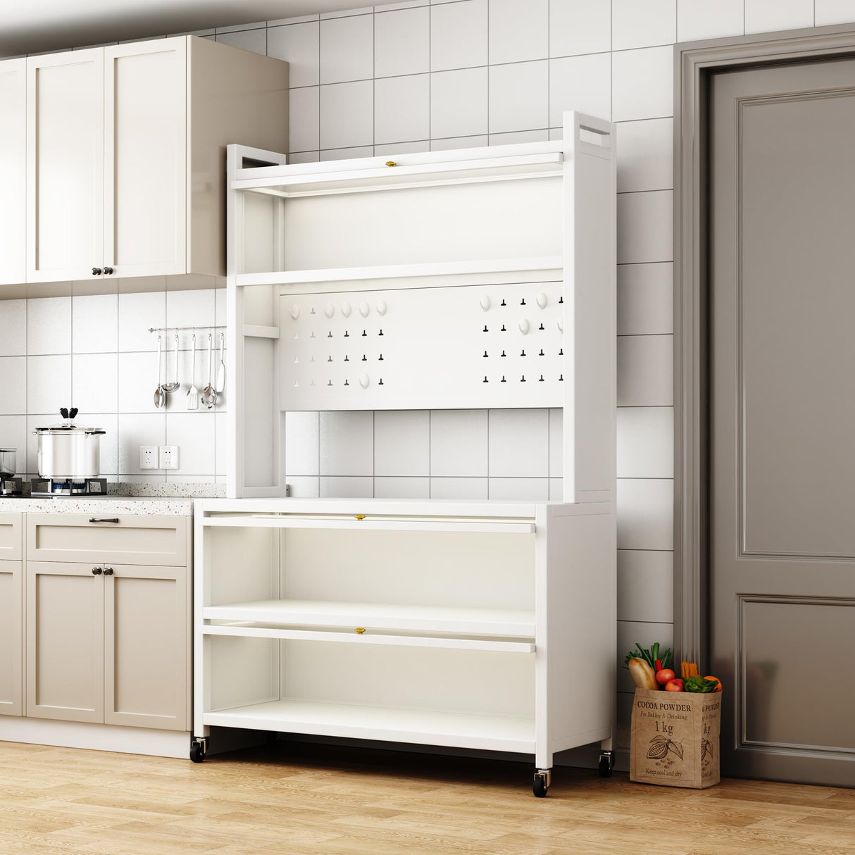 Legendstone Kitchen Pantry Storage Cabinet, 5 Tier 65" H Metal Sideboard with Wheels and Acrylic Glass Door, Modern Kitchen Storage Rack for Home, Office,Pantry (White, 5 Tiers) Legendstone