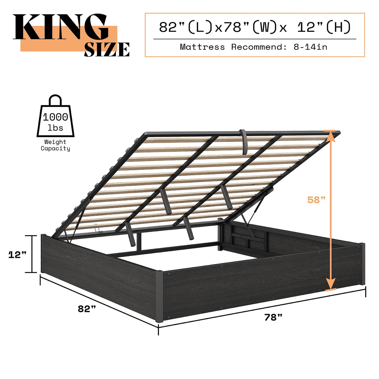 AMERLIFE Lift Up Storage Bed, King Bed Frame with Storage Underneath, Wooden Platform Bed Frame, Solid Wood Slats Support, No Fixed Headboard, No Box Spring Needed, Dark Oak AMERLIFE