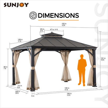 Sunjoy Hardtop Gazebo 11 x 13 ft. Outdoor Patio Black Anti-Rust Aluminum Frame Gazebo, Double Tiered Gazebo with Ceiling Hook and Mesh Netting, Black - WoodArtSupply