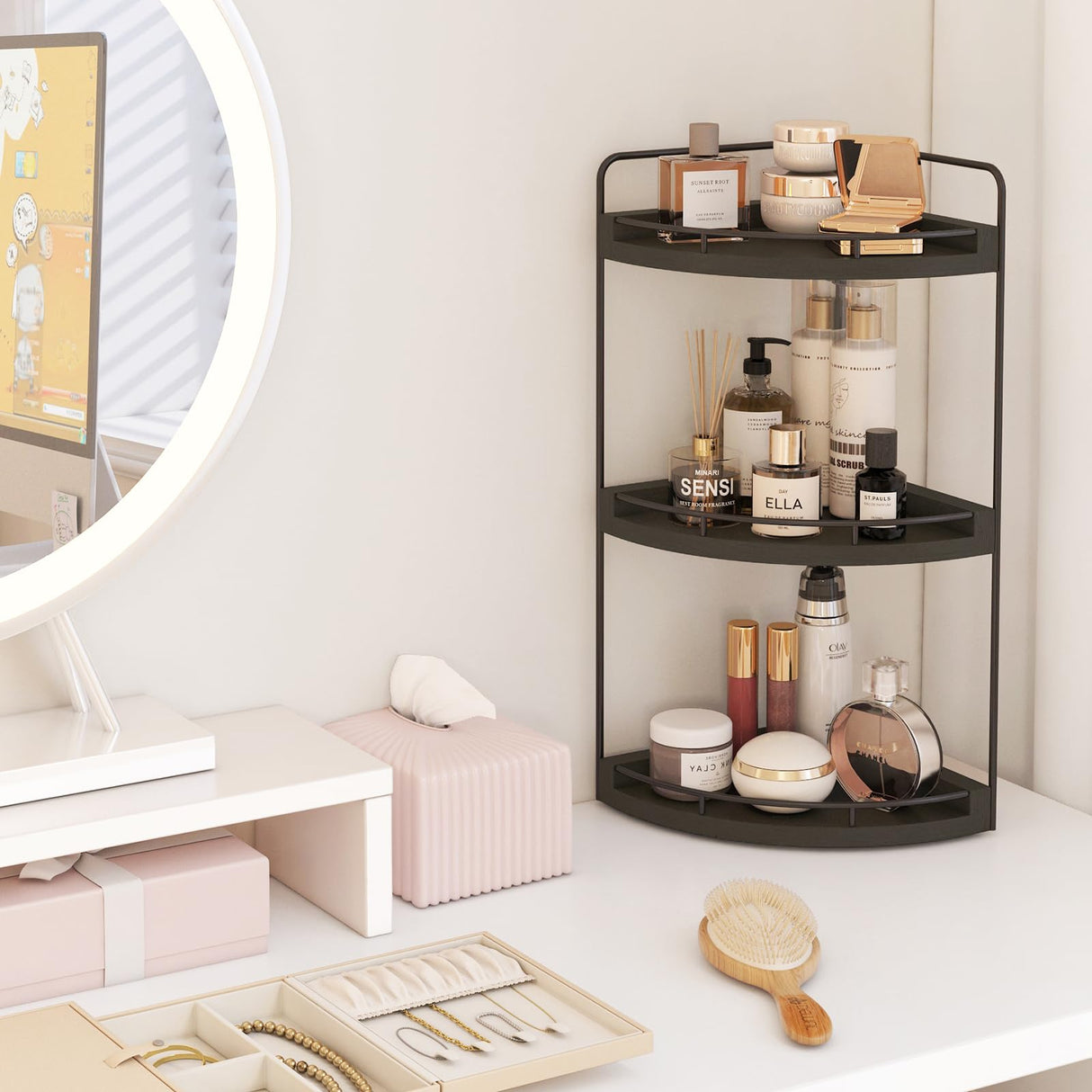 Fixwal Corner Bathroom Counter Organizer, 3 Tier Rustic Bathroom Organizer, Wood Countertop Storage Tray for Vanity, Kitchen, Bedroom (Black) Fixwal