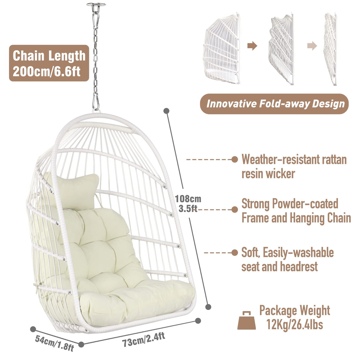 Chihee Egg Chair Foldable Wicker Rattan Hanging Chair Swing Chair Indoor Outdoor Patio Wicker Chair Hammock Chair with Stainless Steel Hanging Kit Chain Link UV Resistant Cushion Bedroom Balcony Chihee