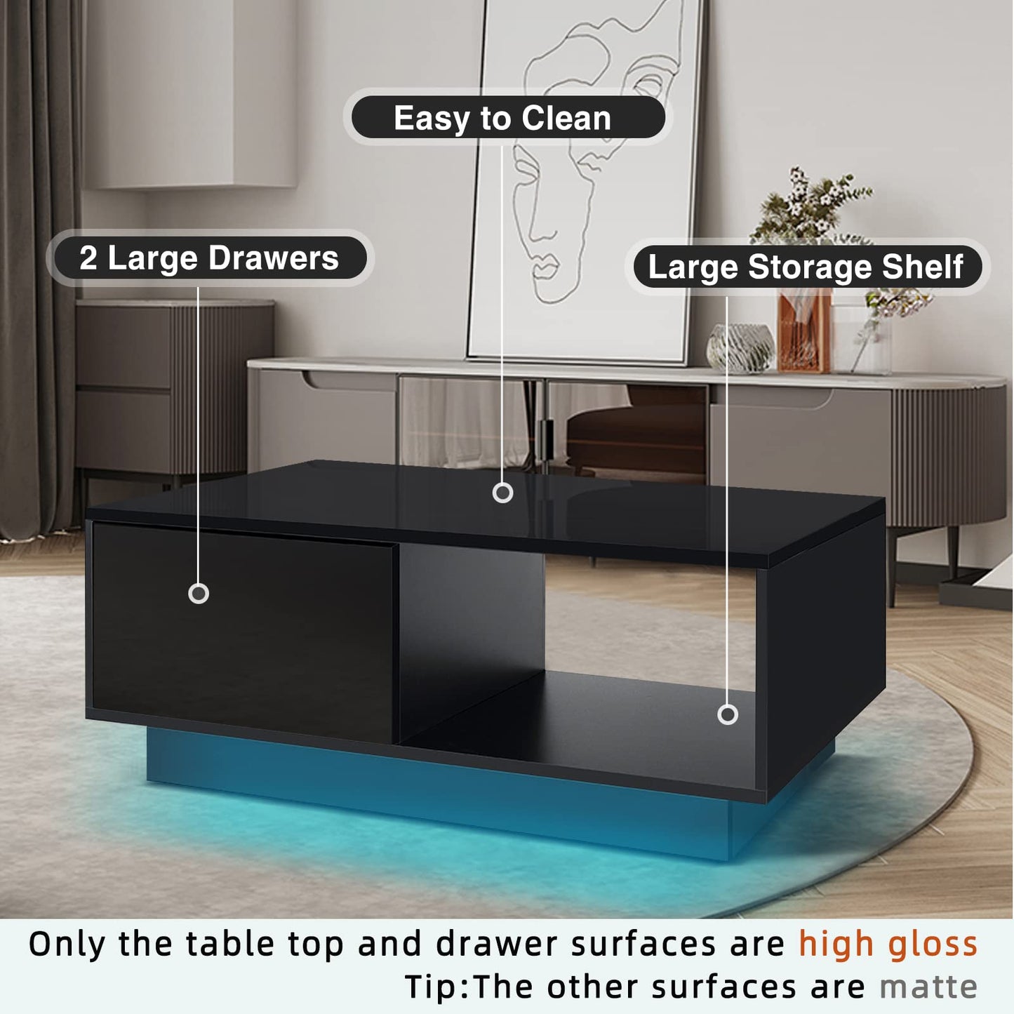 HOMMPA Led Coffee Table Black Low Profile Matte Coffee Table with High Gloss Tabletop and Storage Drawers Modern Small Center Coffee Table with Plug in Wired Led Light for Living Room 13" Tal - WoodArtSupply