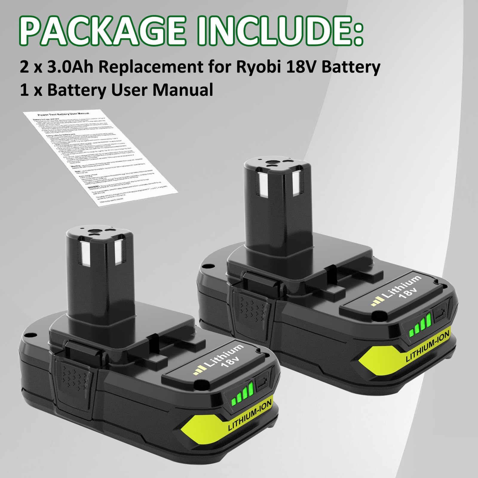 2-Pack 3000mAh P108 Lithium Replacement Battery Compatible with Ryobi 18V Battery P102 P103 P104 P105 P107 P108 P109 P190 P122 for 18 Volt Cordless Power Tools (Green) - WoodArtSupply