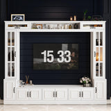 AIEGLE Glass Door Entertainment Center with Storage Bridge, Traditional Media Console Table Wall Unit with Shelves for 70 75 inch TV, TV Stand Set, White, 96.9”W AIEGLE