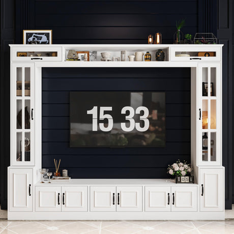AIEGLE Glass Door Entertainment Center with Storage Bridge, Traditional Media Console Table Wall Unit with Shelves for 70 75 inch TV, TV Stand Set, White, 96.9”W AIEGLE