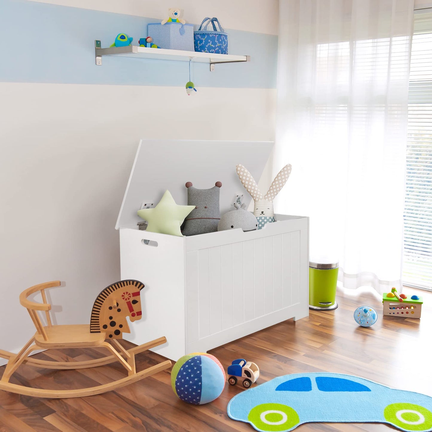 Epetlover Toy Box Storage Chest for Girls Boys, Wooden Trunk Bench w/Flip-top Lid & Safety Hinge, Kids Play Room Nursery Organizer, Bedroom Storage w/ 100L Storage Area (White)