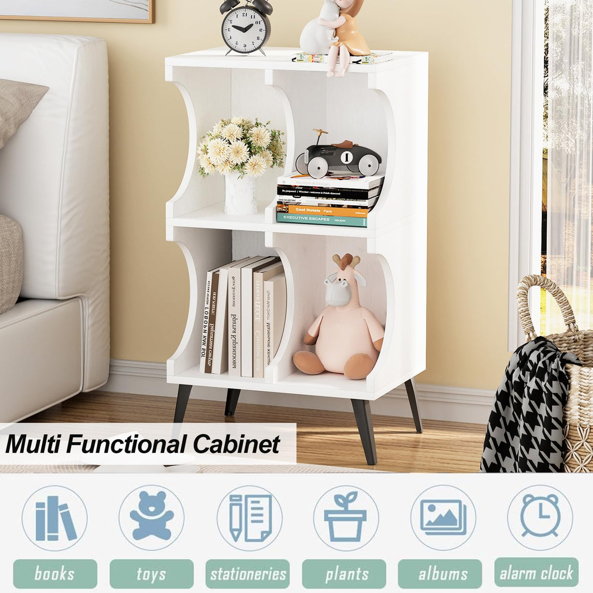 Aenuert White 4-Cube Open Bookshelf - Modern Wooden Storage Cabinet for Living Room, Bedroom, and Office Aenuert