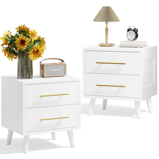 Aiho Nightstand Set of 2, Bedside Table Set for Bedroom, Wood Nightstand with Metal Handles 2 Drawer Dresser, White Nightstand