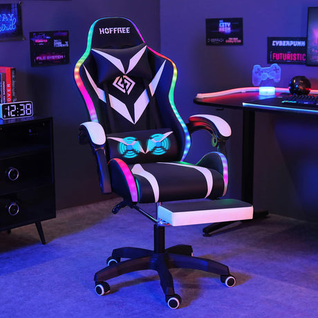 HOFFREE Gaming Chair with Massage and LED Lights Ergonomic Video Game Chairs with Footrest High Back Reclining Computer Chair with Adjustable Lumbar Support White and Black HOFFREE