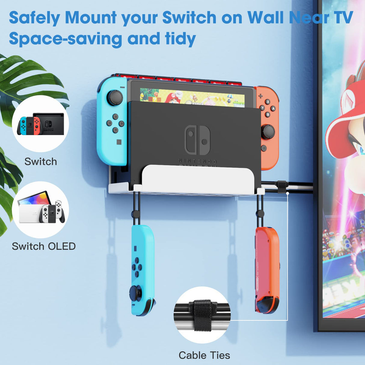KUNSLCUK Wall Mount for Switch and Switch OLED, Metal Wall Mount Stand Accessories with 28 Game Cards Holder and 2 Joy-Con Hooks, Safely Mount your Switch on Wall Near TV (White) KUNSLUCK