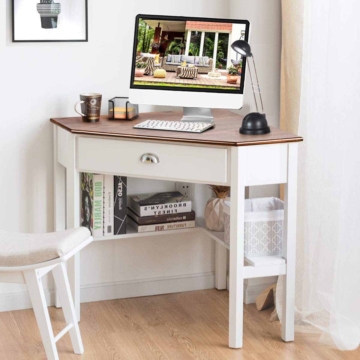 Tangkula Corner Desk, Corner Computer Desk with Drawer for Small Space, Small Corner Makeup Vanity Desk, 90 Degrees Triangle Corner Desk with Storage Shelves (Natural & White) Tangkula