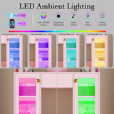 Thacuok Small Vanity Desk with Mirror and Lights,Makeup Table with Charging Station & RGB Storage Cabinet,Large Drawer & Storage Shelves,Girls Vanity,Bedroom Dressing Table,Pink Thacuok