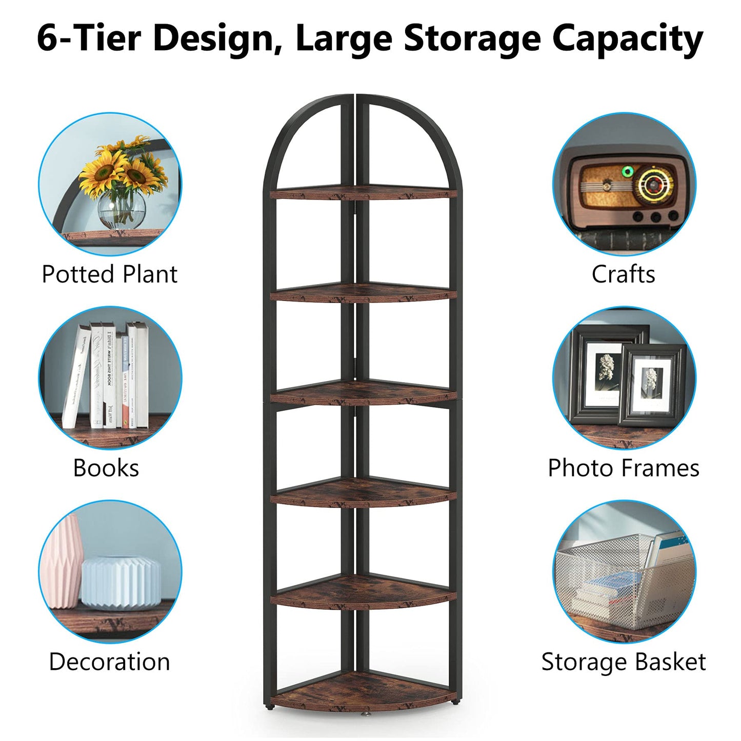 Tribesigns 6-Tier Rustic Corner Shelf - Tall Space-Saving Plant Stand & Bookshelf for Living Room, Home Office, and Kitchen - WoodArtSupply