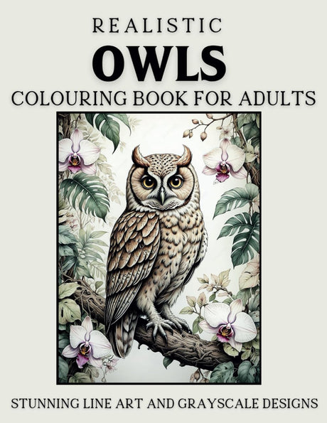 Realistic Owls Colouring Book for Adults: Stunning Line Art and Grayscale Designs for Relaxation and Creativity Majosta