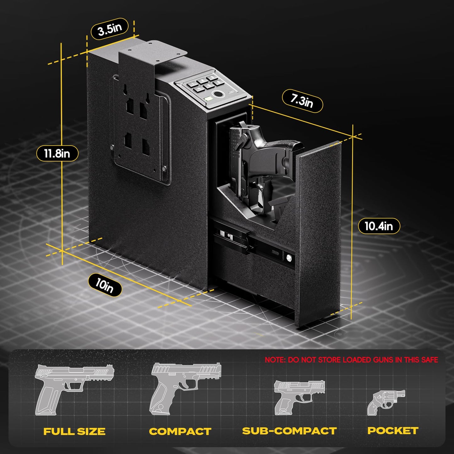 Mounted Biometric Gun Safe for Handgun, Nightstand Quick Access Pistol Safe with Auto Sliding Door for Car, Truck, Desk, Bedside, Slider Gun Lock Box with Security Fingerprint, Key Access, PIN Code