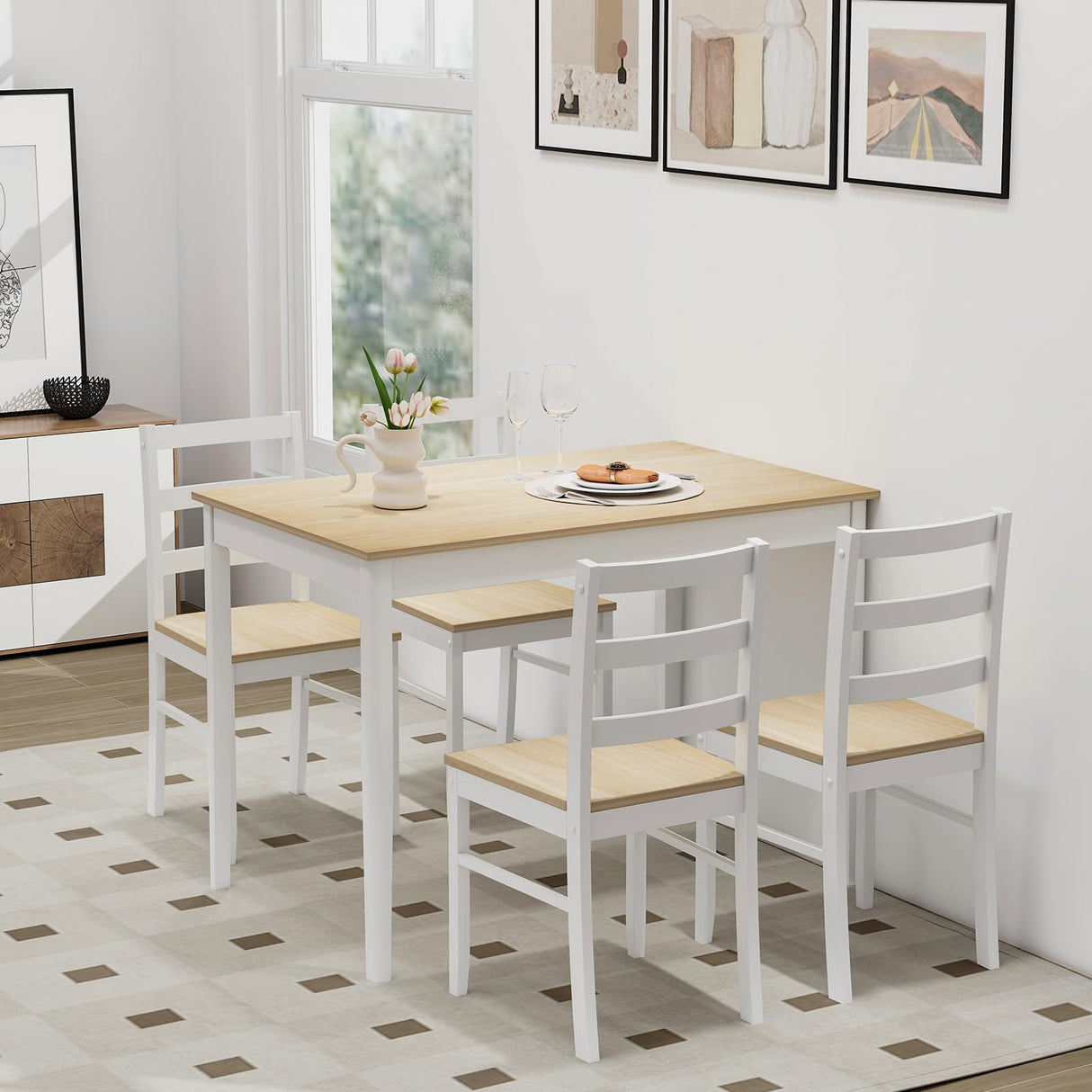 Tangkula Dining Table Set for 4, Solid Wood, Farmhouse Dinette Set w/Rubber Wood Legs, Modern Dining Table and Chairs Set for Kitchen, Dining Room (Natural+White) Tangkula