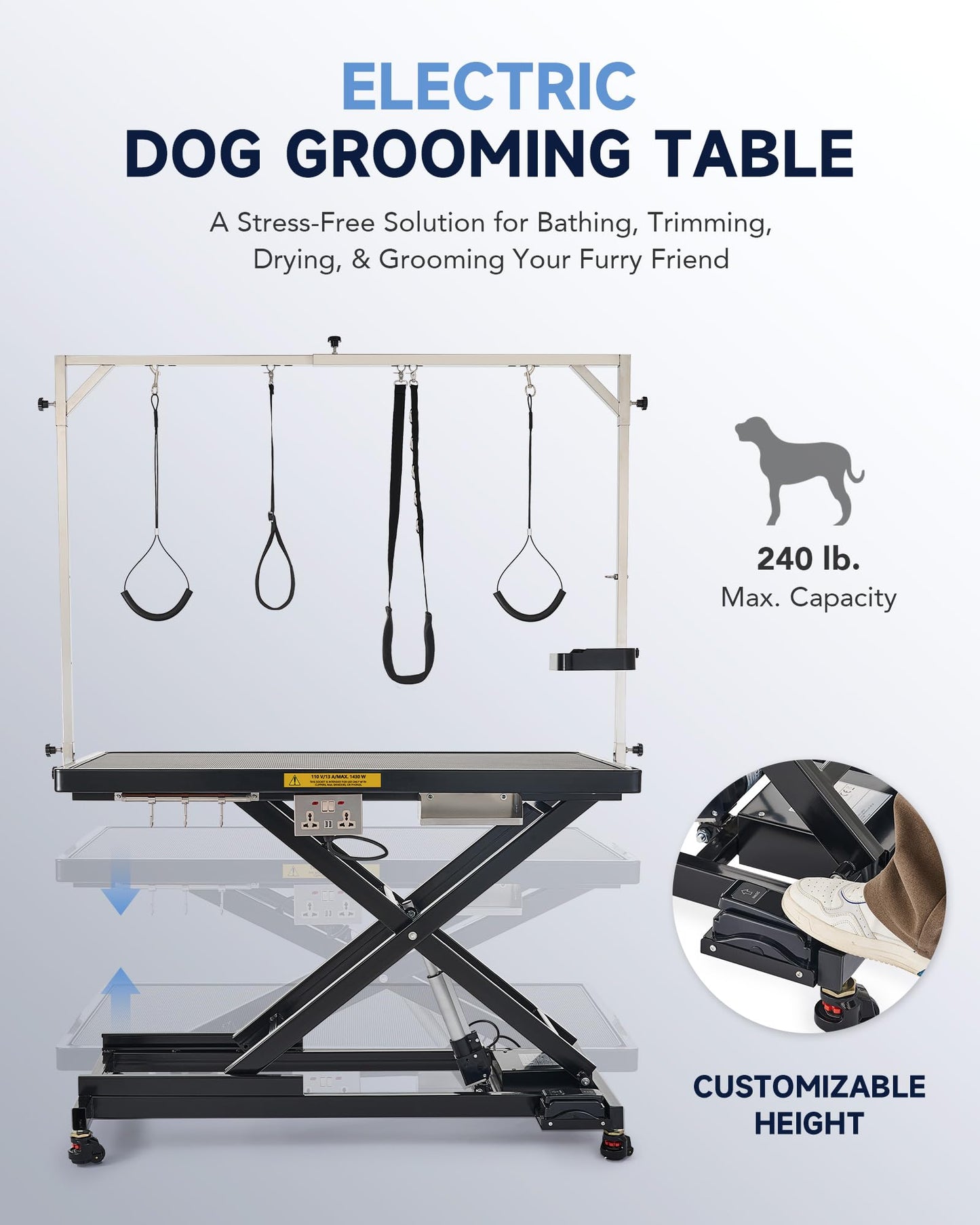 CO-Z Electric Dog Grooming Table, 50" Heavy Duty Pet Grooming Table with Height Adjustable Leveling Wheels 4 Nooses Tool Organizer, Large Dog Grooming Station for Pets Bathing Drying, 240lb Cap, Black