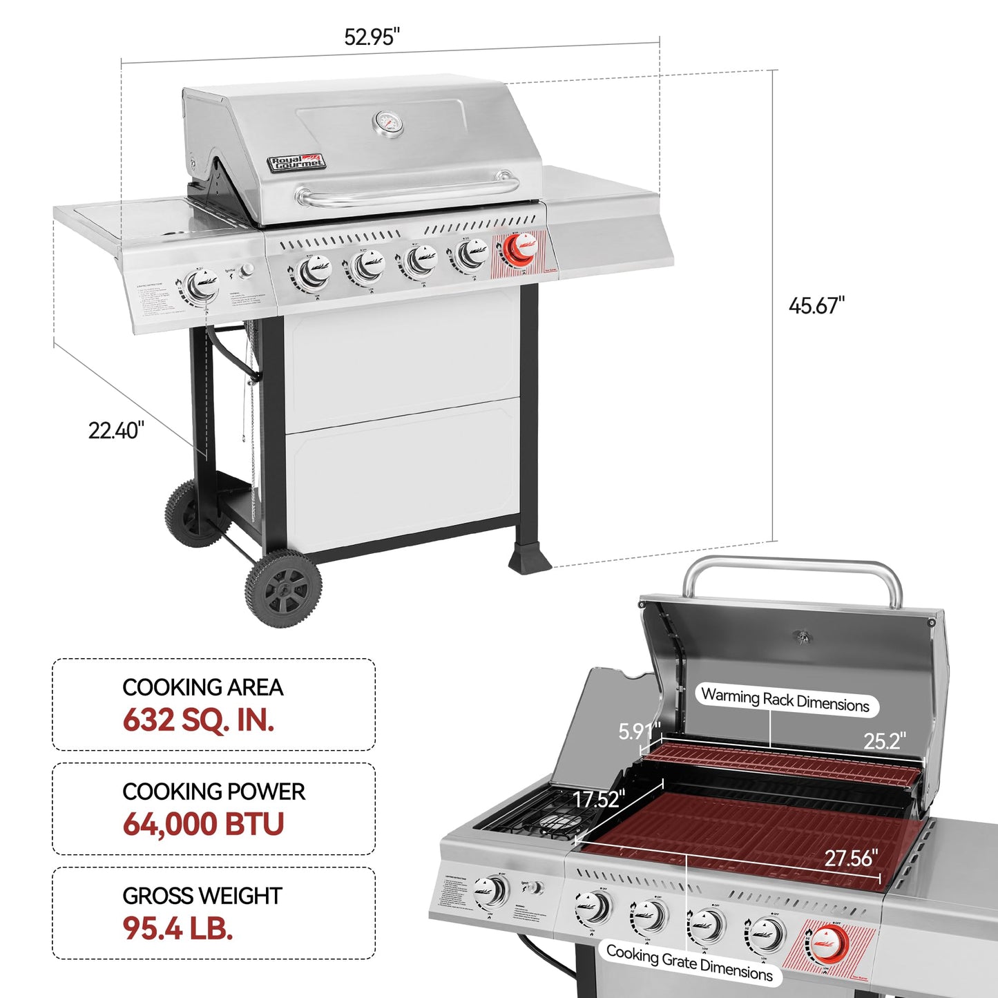 Royal Gourmet GA5401T 5-Burner Propane Gas Grill with Sear Burner and Side Burner, Stainless Steel BBQ Grill with 632 Sq. In. Grilling Area for Outdoor Barbecue Cooking, 64,000 BTUs, Silver