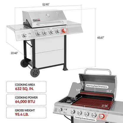 Royal Gourmet GA5401T 5-Burner Propane Gas Grill with Sear Burner and Side Burner, Stainless Steel BBQ Grill with 632 Sq. In. Grilling Area for Outdoor Barbecue Cooking, 64,000 BTUs, Silver