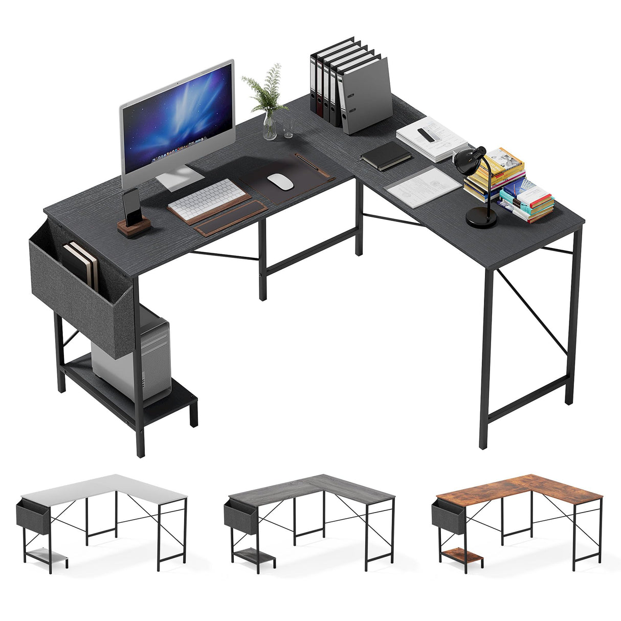 Simple Deluxe L Shaped Desk Gaming Computer 50 Inch Reversible Corner Table PC Work Table for Writing Study Student with Wood Tabletop Metal Frame CPU Stand Side Bag for Home Office Small Place Simple Deluxe