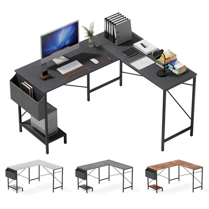 Simple Deluxe L Shaped Desk Gaming Computer 50 Inch Reversible Corner Table PC Work Table for Writing Study Student with Wood Tabletop Metal Frame CPU Stand Side Bag for Home Office Small Place