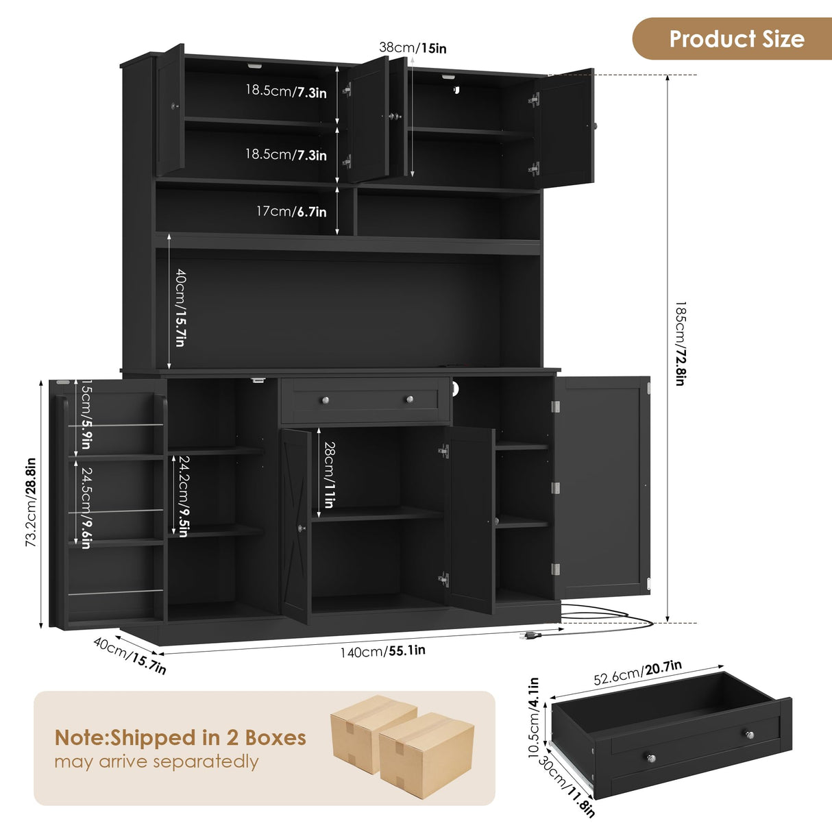 HIFIT 72.8” Tall Kitchen Pantry Cabinet with LED & Charging Station, 55” Wide Farmhouse Pantry Storage Cabinet with Microwave Stand&Shelves&Barn Doors, Black Kitchen Hutch Coffee Bar for Living Room HIFIT