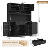 HIFIT 72.8” Tall Kitchen Pantry Cabinet with LED & Charging Station, 55” Wide Farmhouse Pantry Storage Cabinet with Microwave Stand&Shelves&Barn Doors, Black Kitchen Hutch Coffee Bar for Living Room HIFIT