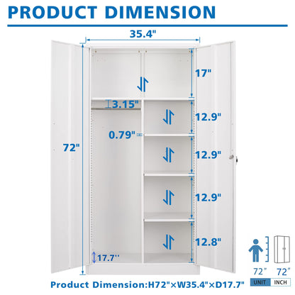 BYNSOE Metal Storage Locker Cabinet, Metal Locker 72” White Tall Steel Wardrobe, Employees Locker with Hanging Rod Shelves and Lockable Doors for Home,School,Office-Assembly Required (White-S - WoodArtSupply