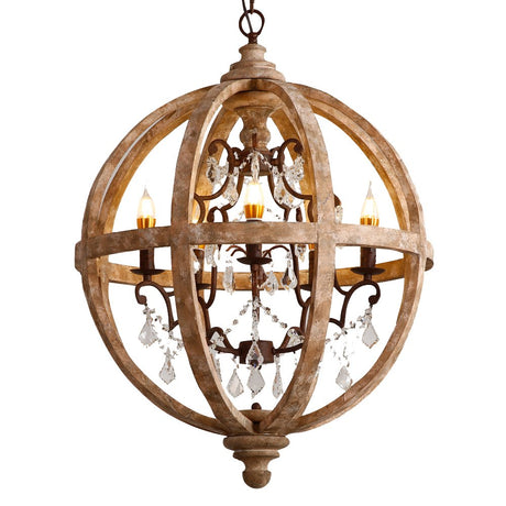 LOVEDIMA New 24" Wide Retro Rustic Weathered Wooden Globe Chandelier Crystal 5-Light Pendant Lighting LOVEDIMA