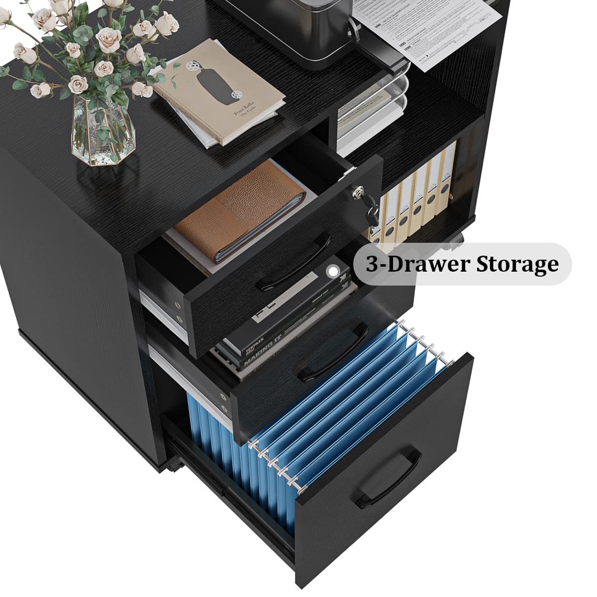 3 Drawer Office File Cabinets, Mobile Lateral Printer Stand with Open Storage Shelf, Rolling Filing Cabinet with Wheels Home Office Organization and Storage (Black) Panana