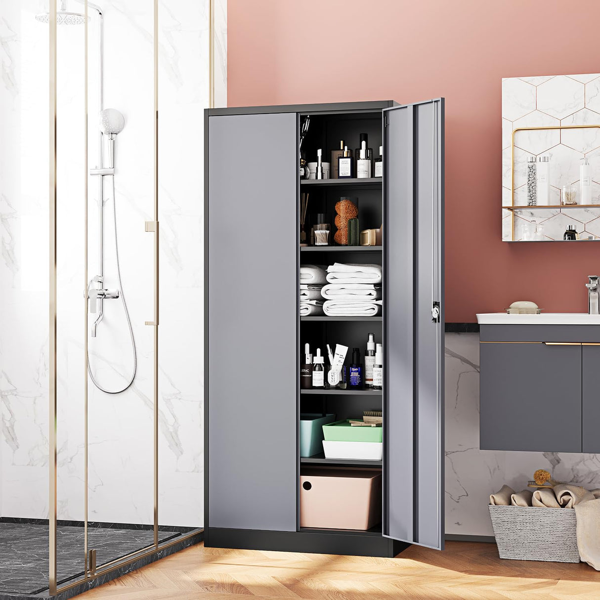 Fesbos Metal Storage Cabinet-72” Tall Steel File Cabinets with Lockable Doors and Adjustable Shelves-Black&Gray Steel Storage Cabinet for Kitchen, Office, Garage Fesbos