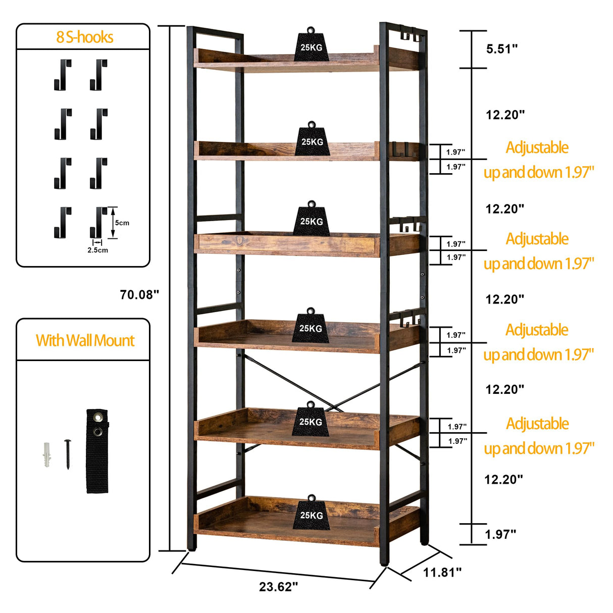 HCHQHS Adjustable 6 Tier Open Bookcase, Rustic Farmhouse Book Shelves, Industrial Wood and Black Metal Bookshelves, Mid Century Bookcase for Home Office Living Room Bedroom HCHQHS