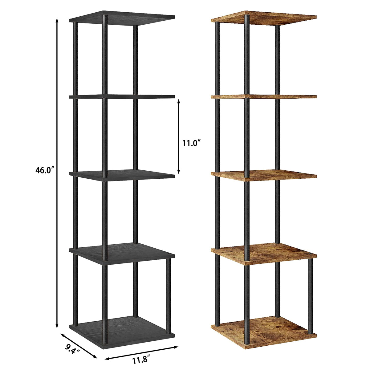 POBOMULI 46" Narrow Bookshelf, 5-Tier Tall Bookcase Small Space, Corner Book Shelf Slim Storage Display Rack Living Room Bedroom Study Office, Black POBOMULI