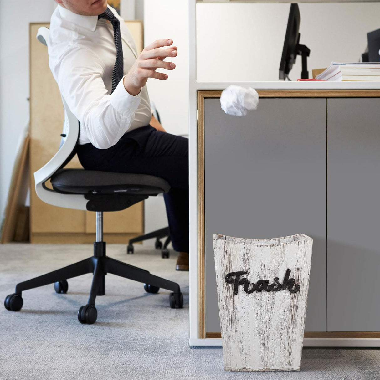 Maxcheck 2 Pcs Farmhouse Bathroom Wood Trash Can, 2 Sizes Rustic Square Wastebasket Bin with Convenient Handle for Bathroom, Kitchen, Bedroom, Office(White) Maxcheck