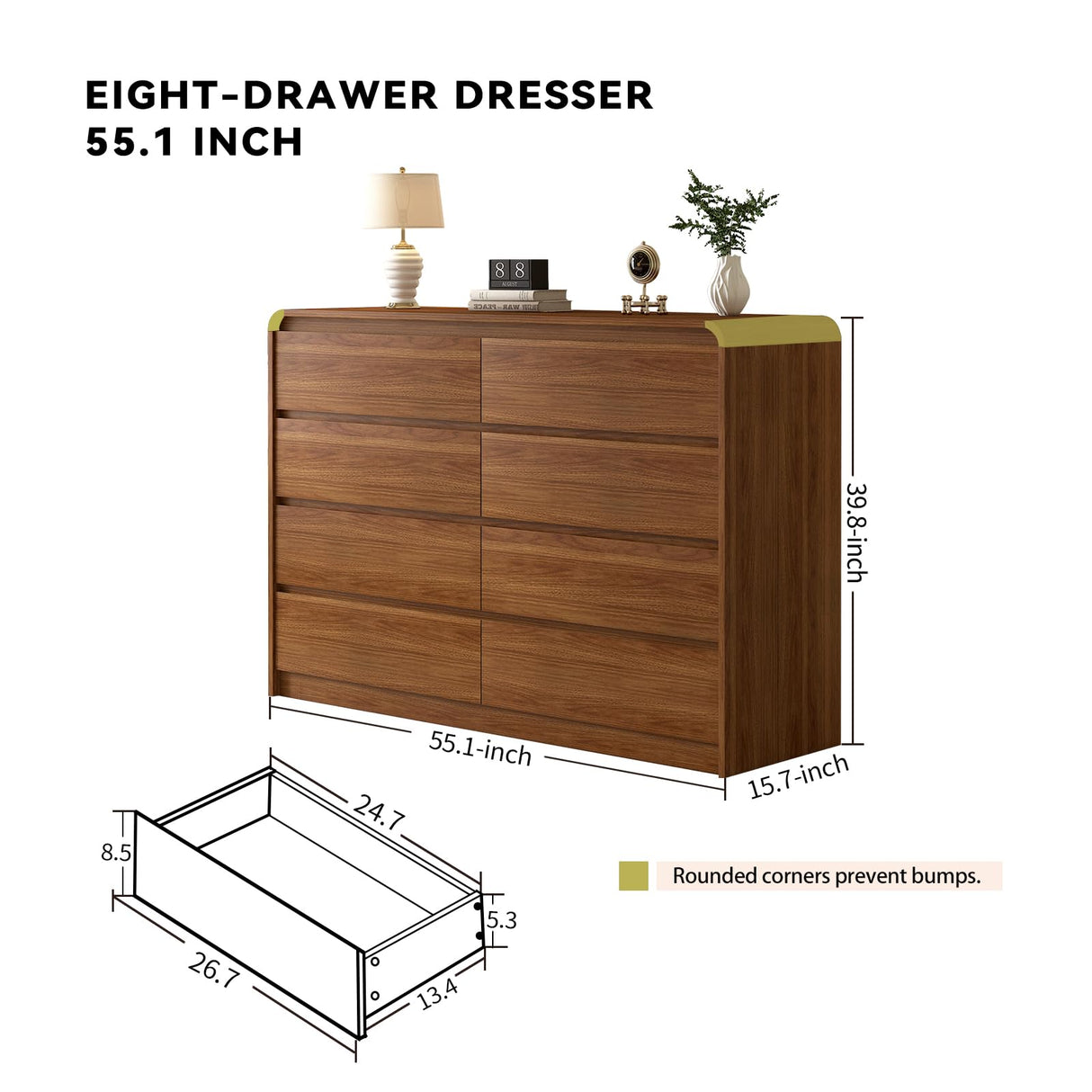 Messenya Modern 8-Drawer Dresser 55-Inch Wide, Curved Anti-Collision Design, Mid-Century Storage Cabinet with Pre-Embedded Slots, Sturdy Reusable, Ideal for Bedroom/Living Room/TV (Brown, 8-55.1) Messenya
