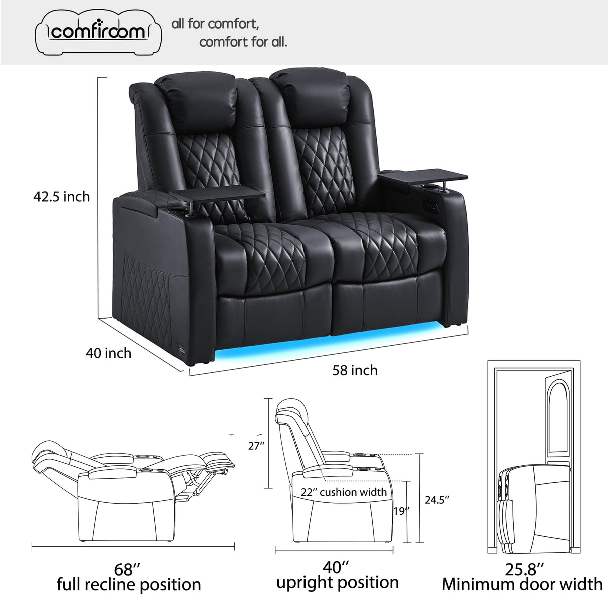 comfiroom Home Theater Seating Seats Classic Series Top Grain Nappa Leather Loveseat Recliner Chairs Dual Power Movie Gaming Sofa Chair Electric Headrest with Tray Table (Black, Row of 2 Loveseat) comfiroom