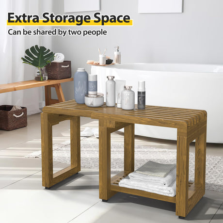 Update Adjustable Wooden Shower Benches for Inside Shower, 26.4'' Wood Shower Bench Waterproof, 440lbs Bathroom Bench with Storage, Sauna Bench for Bathroom, Shower Chairs for Seniors Adults Elderly WXCOPON