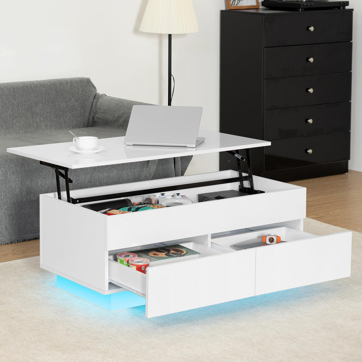 LED Coffee Table for Living Room Lift Top Coffee Tables with Storage Morden High Gloss 4 Tiers Black Tea White Center Tables Sofa Hidden Compartment & 2 Drawers HOMMPA