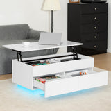 LED Coffee Table for Living Room Lift Top Coffee Tables with Storage Morden High Gloss 4 Tiers Black Tea White Center Tables Sofa Hidden Compartment & 2 Drawers HOMMPA