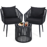 Kromax 3 Pieces Patio Rattan Bistro Conversation Set, Outdoor All-Weather Wicker Furniture Chairs and Side Table Set Ideal for Balcony, Porch and Backyard, Black Kromax