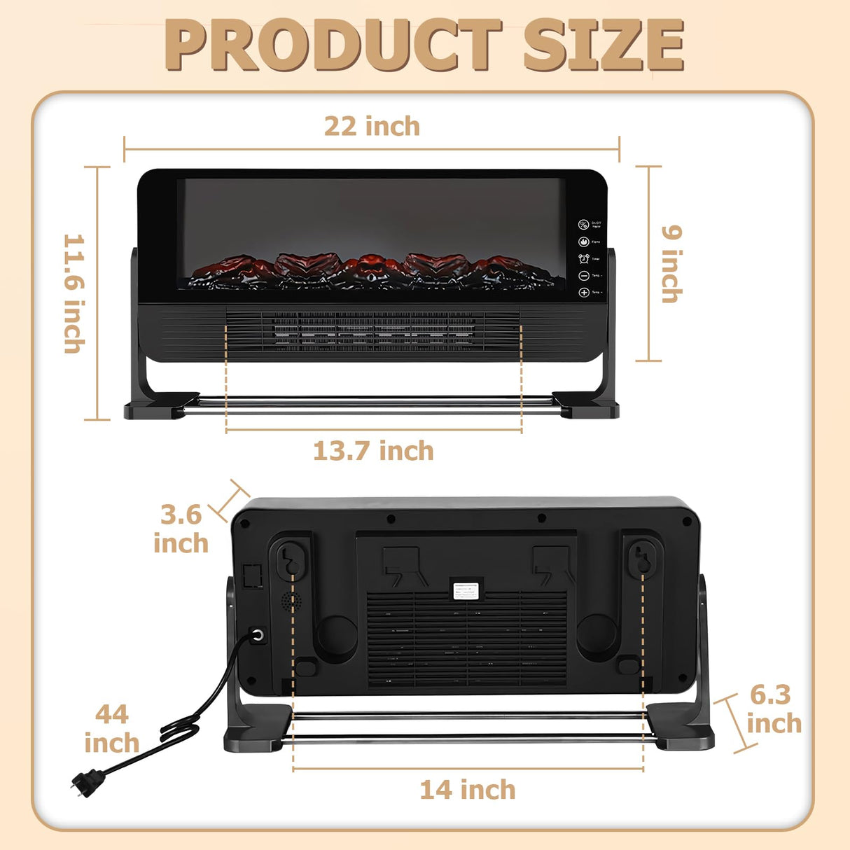 Honitra 22inch Small Electric Fireplace Heater, 3D Flame Fake Fireplace, Remote Control Wall Fireplace, Portable Fireplace Heaters for Indoor Use Living Room Bedroom Bathroom 1500w/2000w, 12h Timer Honitra