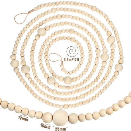 12 Feet Christmas Wooden Beads Xmas Bead Garland Round Craft Bead Garland Farmhouse Bead Garland Vintage Wooden Beads for Christmas Decoration Supplies(Natural Color) Canlierr