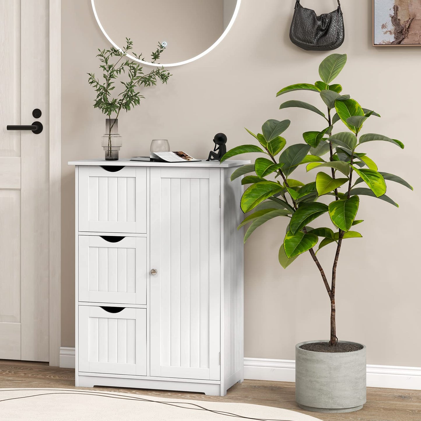 Tangkula Bathroom Floor Cabinet, Freestanding Side Storage Cabinet w/ 3 Drawers & 1 Cupboard, 1 Adjustable Shelf, Wood Entryway Storage Organizer for Home Office, 24 x 12 x 32 Inch (3 Drawers, White)